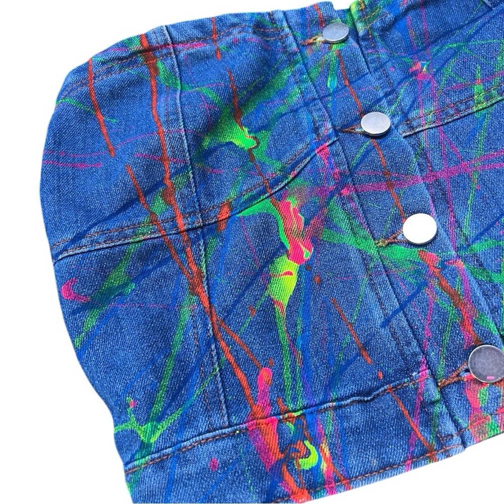 Custom Colorful Paint Splatter Denim Crop Top, Sz: Large✅ - Picture 5 of 9
